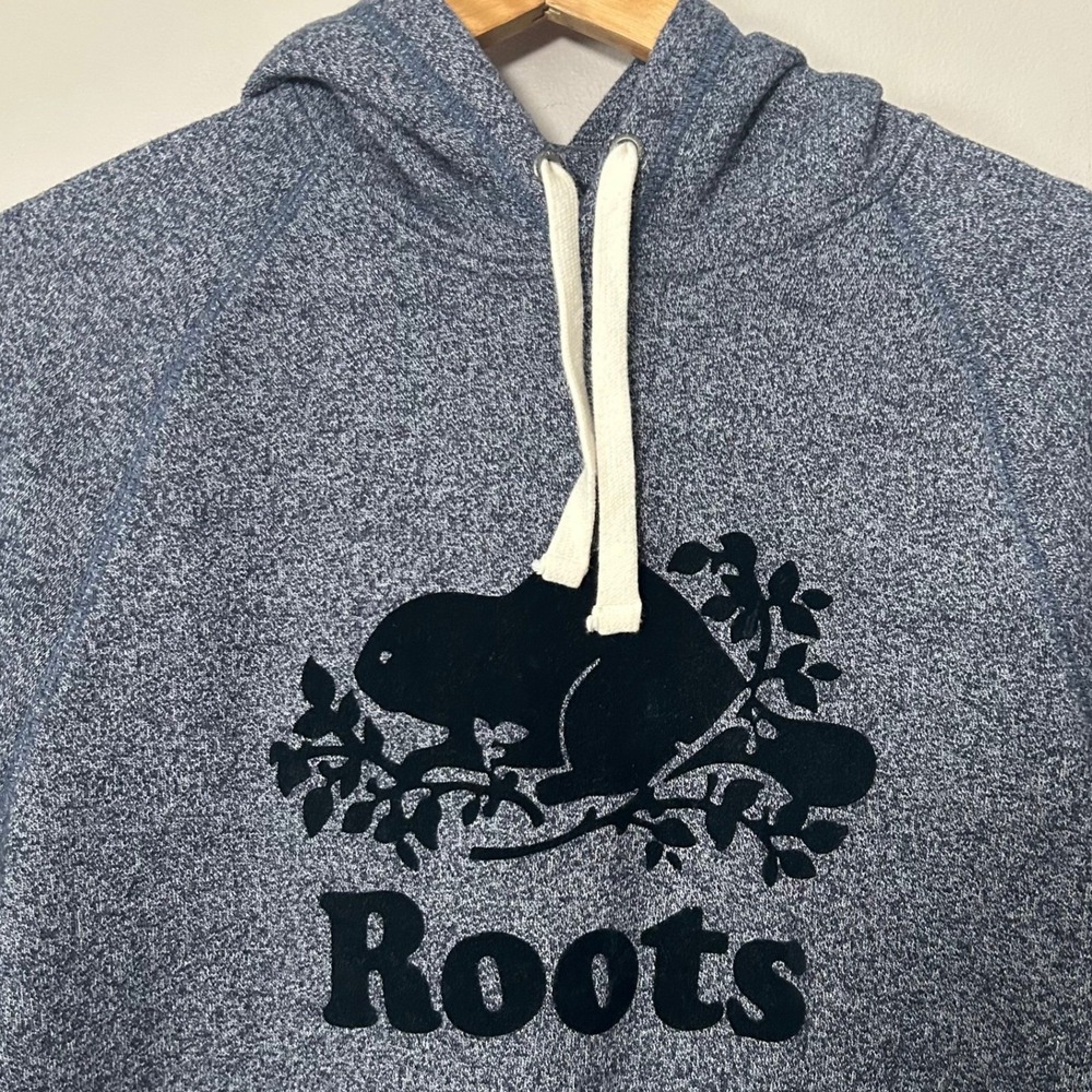 Roots Hoodie Mens Medium Blue Marl Velvet Flock Beaver Logo Raglan Pullover